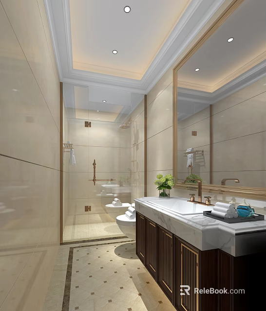 Elegant Modern Luxury Bathroom With Marble Vanity Clear Glass Shower And Beige Tiles Home Interior 3d model 