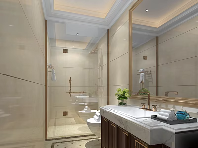 Elegant Modern Luxury Bathroom With Marble Vanity Clear Glass Shower And Beige Tiles Home Interior 3d model