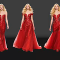 Three Blonde Women in Red Sequin Evening Dresses Standing in Elegant Poses