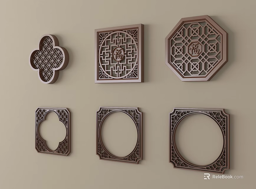Traditional Wooden Carved Lattice Windows With Intricate Patterns And Various Shapes 3d model 