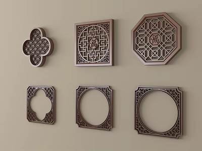 Traditional Wooden Carved Lattice Windows With Intricate Patterns And Various Shapes 3d model
