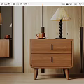 Modern Wooden Bedside Table With Two Drawers Black Handles And Beige Pleated Lamp Shade