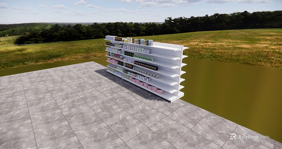 Mall Retail Counter With White Multi tiered Shelves Displaying Assorted Products In Modern Display Area 3d model 