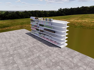 Mall Retail Counter With White Multi tiered Shelves Displaying Assorted Products In Modern Display Area 3d model