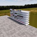 Mall Retail Counter With White Multi tiered Shelves Displaying Assorted Products In Modern Display Area