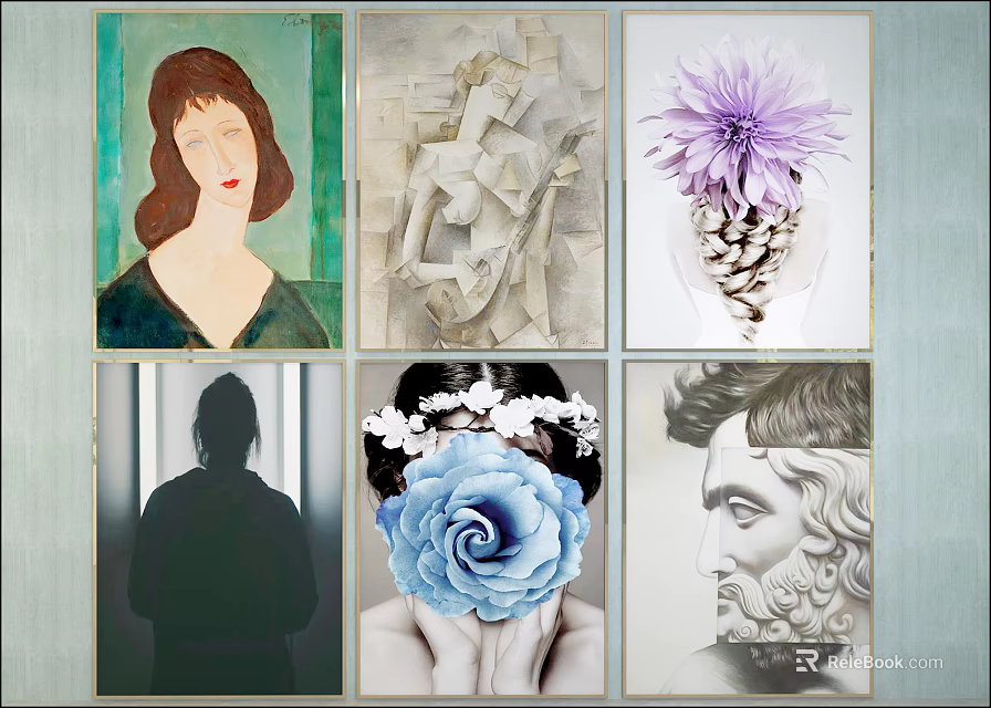 Diverse Style Portrait Art Paintings Featuring Female Male Figures And Sculptural Artworks 3d model 