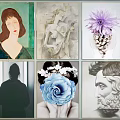Diverse Style Portrait Art Paintings Featuring Female Male Figures And Sculptural Artworks