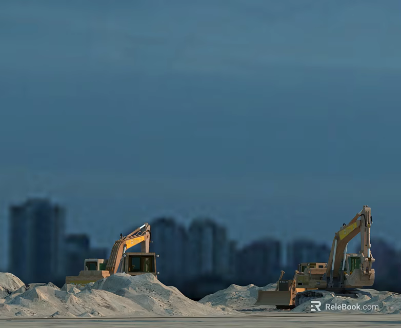 Heavy Duty Excavators Working on Sand Piles with Urban Skyline in Background 3d model 