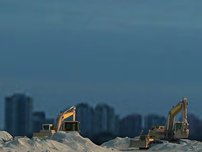 Heavy Duty Excavators Working on Sand Piles with Urban Skyline in Background 3d model