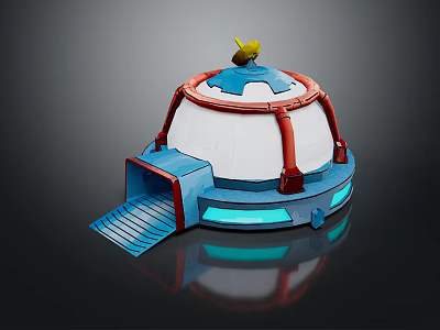 White Dome Building With Red Pipes Blue Entrance Steps And Yellow Bird On Top 3d model