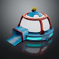 White Dome Building With Red Pipes Blue Entrance Steps And Yellow Bird On Top
