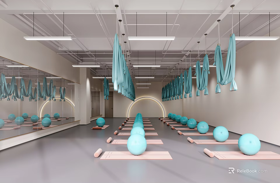 Yoga Studio Interior With Blue Yoga Balls Mats And Hanging Aerial Hammocks 3d model 
