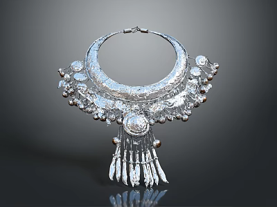 Silver Decorative Necklace With Intricate Beads Tassels And Ornate Design 3d model