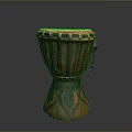 Traditional Hand Drum With Leather Head And Brown Wooden Body Black Striped Pattern