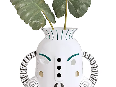 Decorative White Vase With Black Stripes Eye Shaped Details And Monstera Leaves For Home Decor 3d model