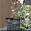 Elegant Store Front Desk Interior Design With Wooden Structure Marble Countertop And Sofa Seating 3d model