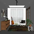 Modern Lounge Room Interior Design With Wooden Bookshelf Guitar Black Armchair And Colorful Rug