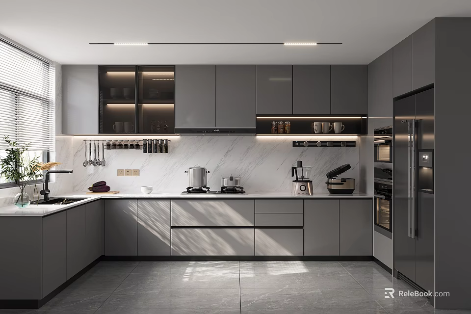 Modern Kitchen Interior With Gray Cabinets Marble Countertops Bright Window And Appliances 3d model 