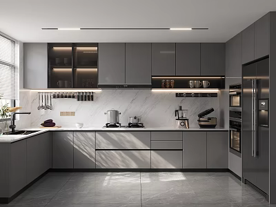 Modern Kitchen Interior With Gray Cabinets Marble Countertops Bright Window And Appliances 3d model