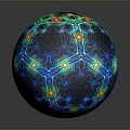 Artistic Colorful Sphere With Geometric Patterns And Luminous Dots On Dark Background