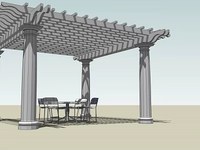 Pergola Structure With Decorative Lattice Roof And Stone Columns With Outdoor Table And Chairs 3d model