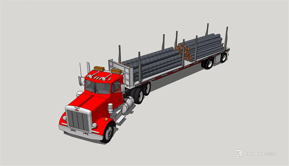 Red Flatbed Utility Truck Loaded With Timber Logs For Transport 3d model 