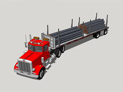 Red Flatbed Utility Truck Loaded With Timber Logs For Transport 3d model