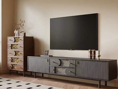 Modern Gray TV Stand With Drawers And Cabinets In Living Room With Wall Mounted TV 3d model