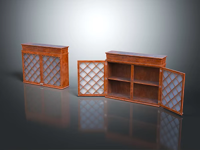 Brown Wooden Cabinets With Lattice Glass Doors One Closed And One Open On Reflective Floor 3d model