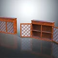 Brown Wooden Cabinets With Lattice Glass Doors One Closed And One Open On Reflective Floor