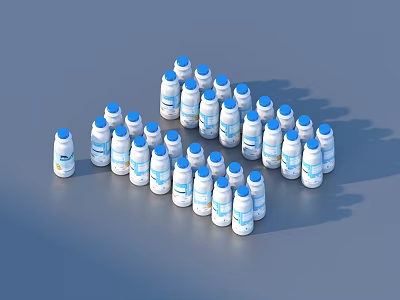 Multiple White Beverage Bottles With Blue Caps Neatly Arranged On Surface 3d model