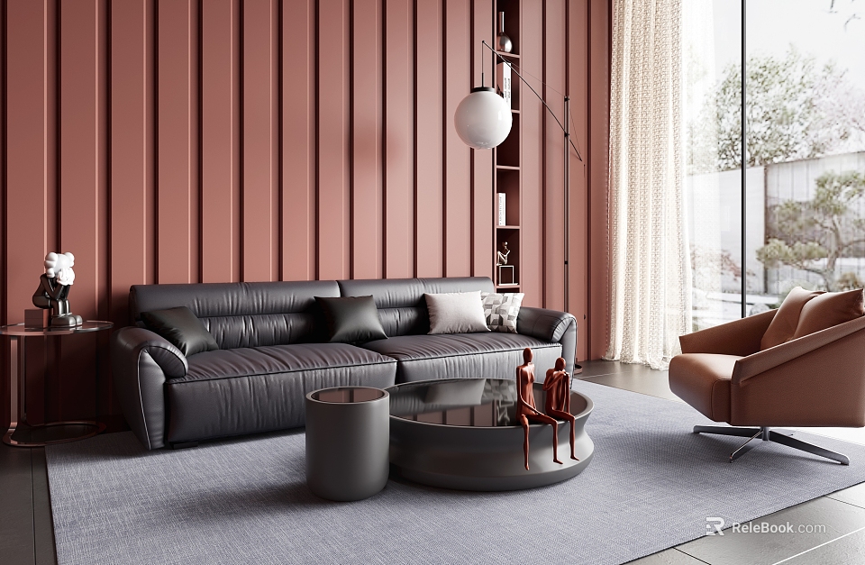 Black Leather Sofa and Coffee Table Set with Brown Armchair Floor Lamp Red Striped Wall 3d model 