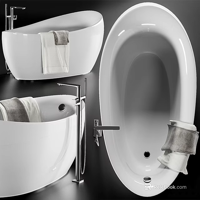 Modern White Bathtub Design with Soft Towel and Chrome Faucet Fixtures 3d model 