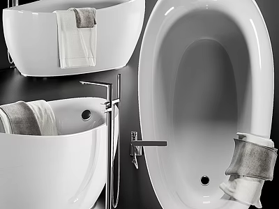 Modern White Bathtub Design with Soft Towel and Chrome Faucet Fixtures 3d model