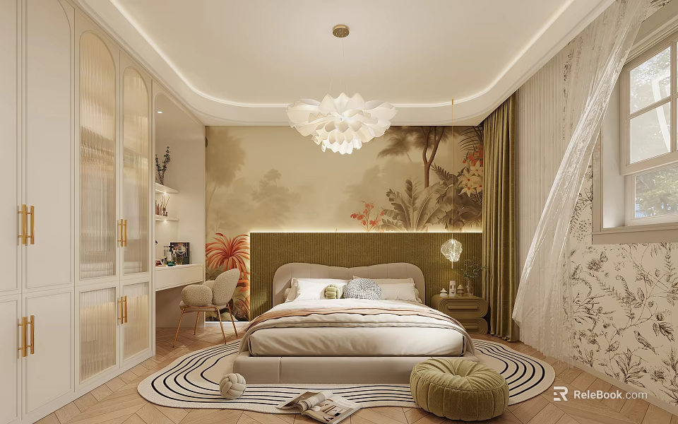 Modern Bedroom Interior With Tropical Plant Wallpaper Green Headboard White Wardrobe And Round Rug 3d model 