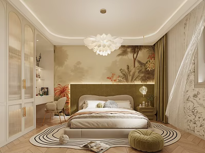 Modern Bedroom Interior With Tropical Plant Wallpaper Green Headboard White Wardrobe And Round Rug 3d model