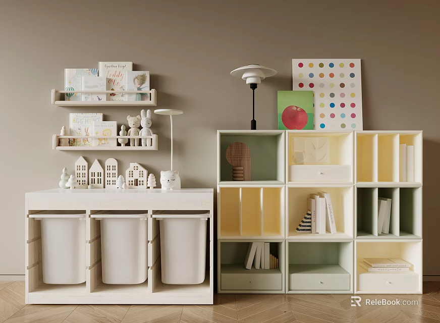 Organized Playroom With Colorful Cabinets Shelves Mini House Models Lamp And Polka Dot Art 3d model 