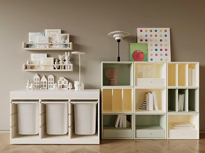 Organized Playroom With Colorful Cabinets Shelves Mini House Models Lamp And Polka Dot Art 3d model