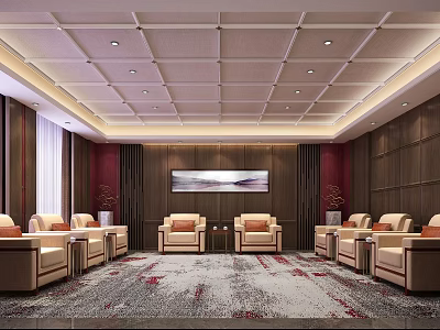 Elegant Hotel Public Lounge Area With Comfortable Sofas Patterned Carpet And Wall Art 3d model
