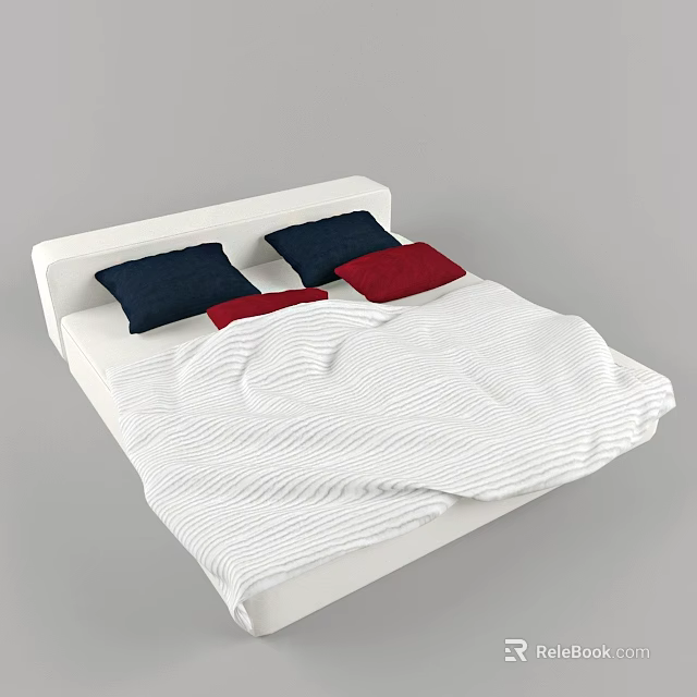 Comfortable Double Bed with White Frame White Striped Quilt and Blue Red Pillows 3d model