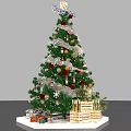 Decorated Christmas Tree With Sparkling Lights Red Orange Ornaments White Ribbons And Merry Christmas Base
