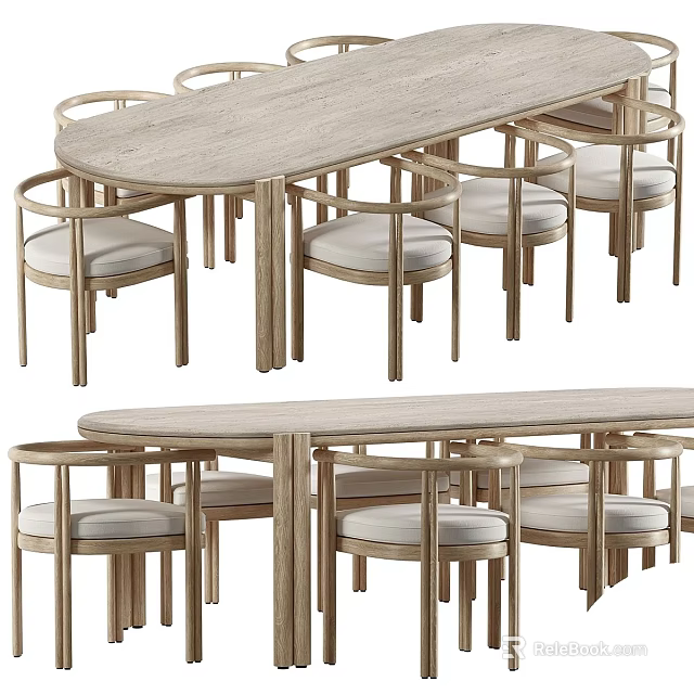 Modern Wooden Oval Dining Table With Light Upholstered Chairs And Minimalist Design Set 3d model 