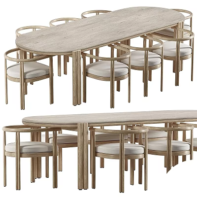 Modern Wooden Oval Dining Table With Light Upholstered Chairs And Minimalist Design Set 3d model