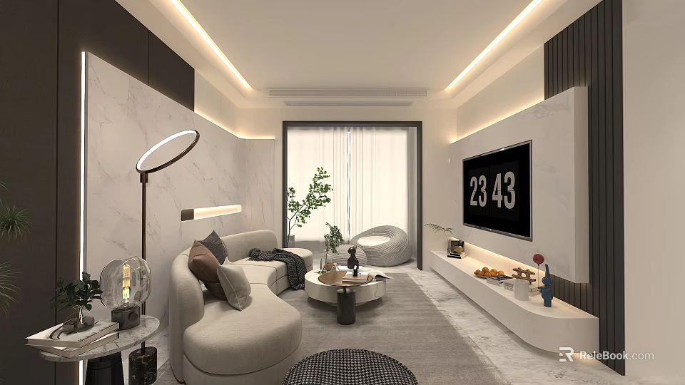 Modern Living Dining Room Interior With Sofa Coffee Table TV Decorative Plant And Soft Lighting 3d model 