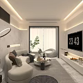 Modern Living Dining Room Interior With Sofa Coffee Table TV Decorative Plant And Soft Lighting