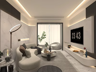 Modern Living Dining Room Interior With Sofa Coffee Table TV Decorative Plant And Soft Lighting 3d model