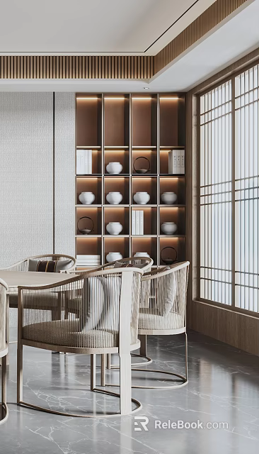 Traditional Chinese Box Interior With Wooden Shelf White Vases Rattan Seats And Lattice Window 3d model 