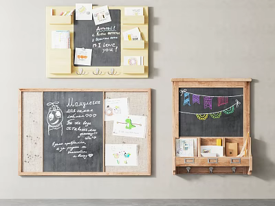 Wooden Wall Hangings with Chalkboard Canvas Sections and Storage Compartments for Home Decor 3d model
