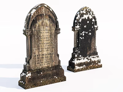 Old Stone and Wood Tombstones with Snow Covered Carvings and Inscriptions 3d model