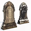 Old Stone and Wood Tombstones with Snow Covered Carvings and Inscriptions